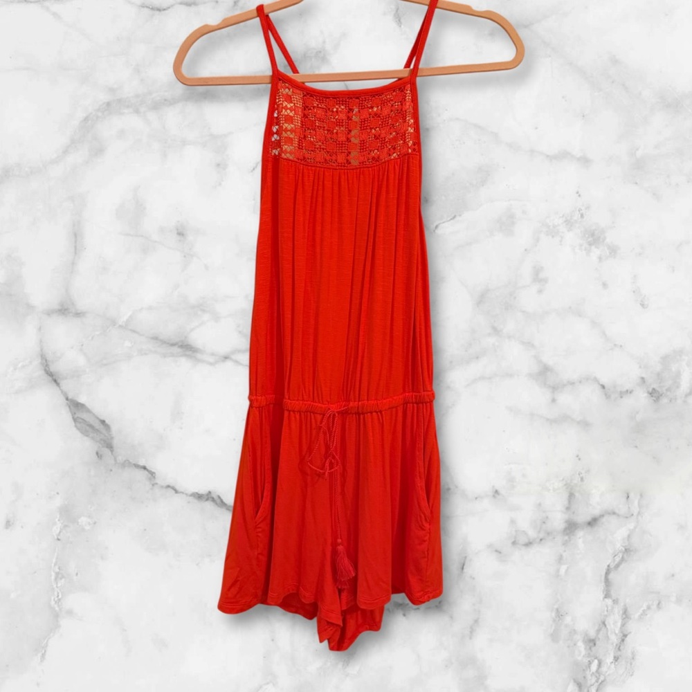 Old Navy EuroSummer Orange Romper Knit Details/Tie/Waist/Tassel/Pockets Wide/Leg